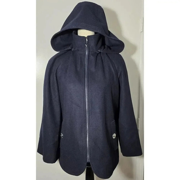 BETSEY JOHNSON Jacket Coat Womens Medium Navy Blue Wool Blend Full Zip Swing - Picture 1 of 9